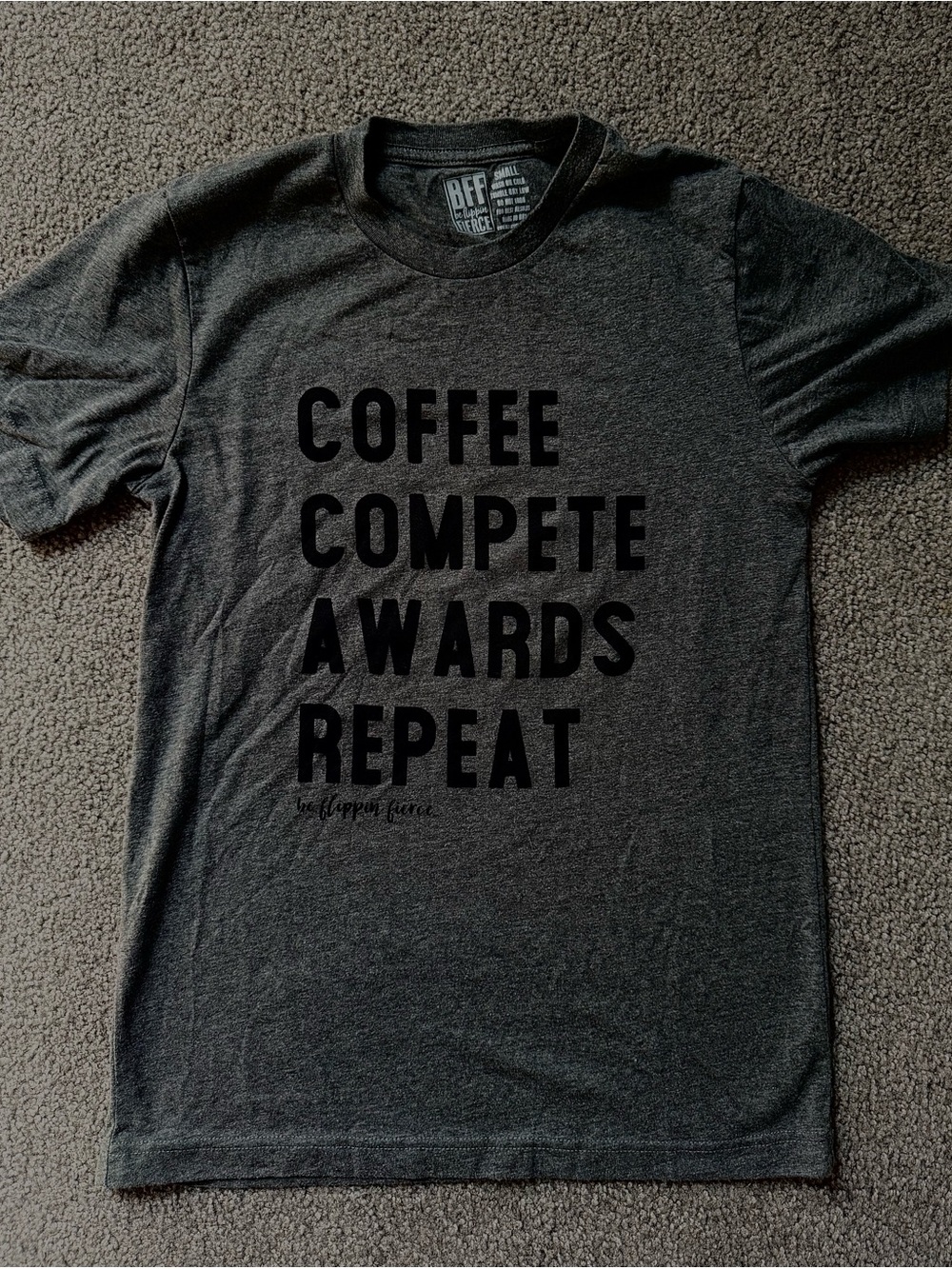 Women's Charcoal Gray Graphic Tee - Coffee Compete Awards Repeat